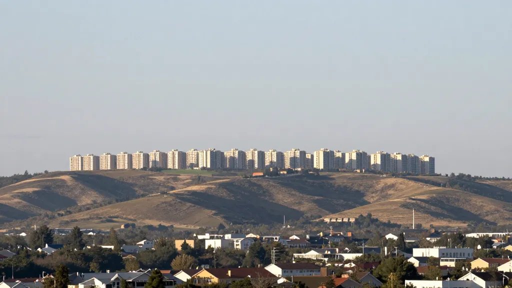 Distant landscape of a rolling suburban hillside with uniform apartment blocks in the distance