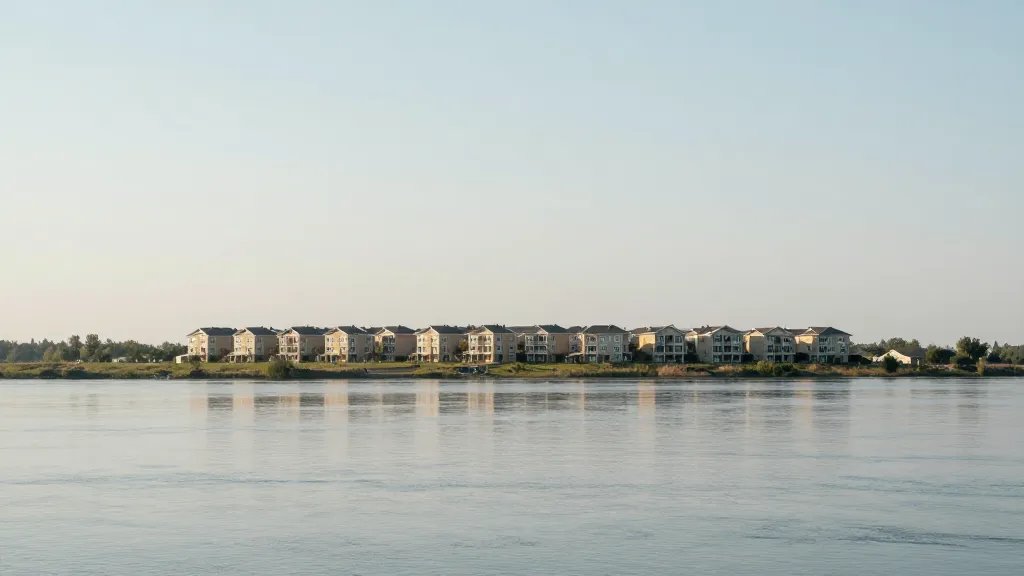 Distant landscape of a calm river valley with a distant row of affordable townhomes along the shore