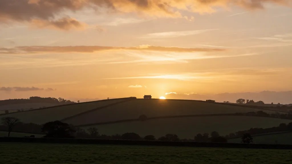 Distant view of a UK countryside rolling hills at sunset, single house silhouette on horizon