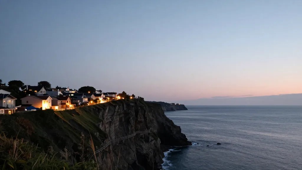 Faraway coastal cliff landscape, lone residential street glow in twilight, horizon line