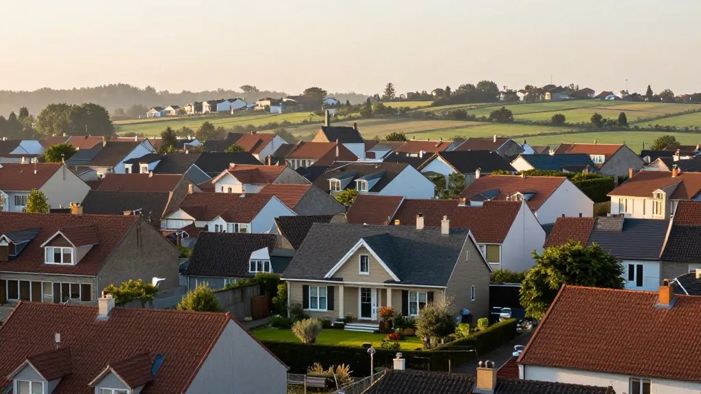 Expansive countryside over town rooftops, single house with a front garden, calm morning light