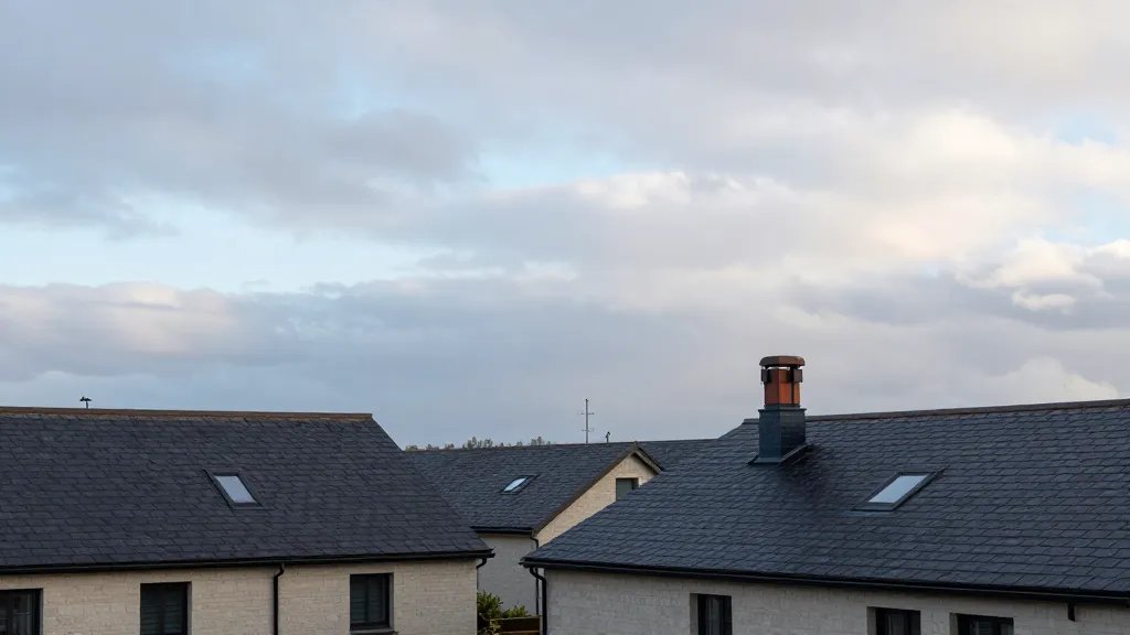 Panoramic valley with new-build rooftops, isolated chimney stack under soft clouds