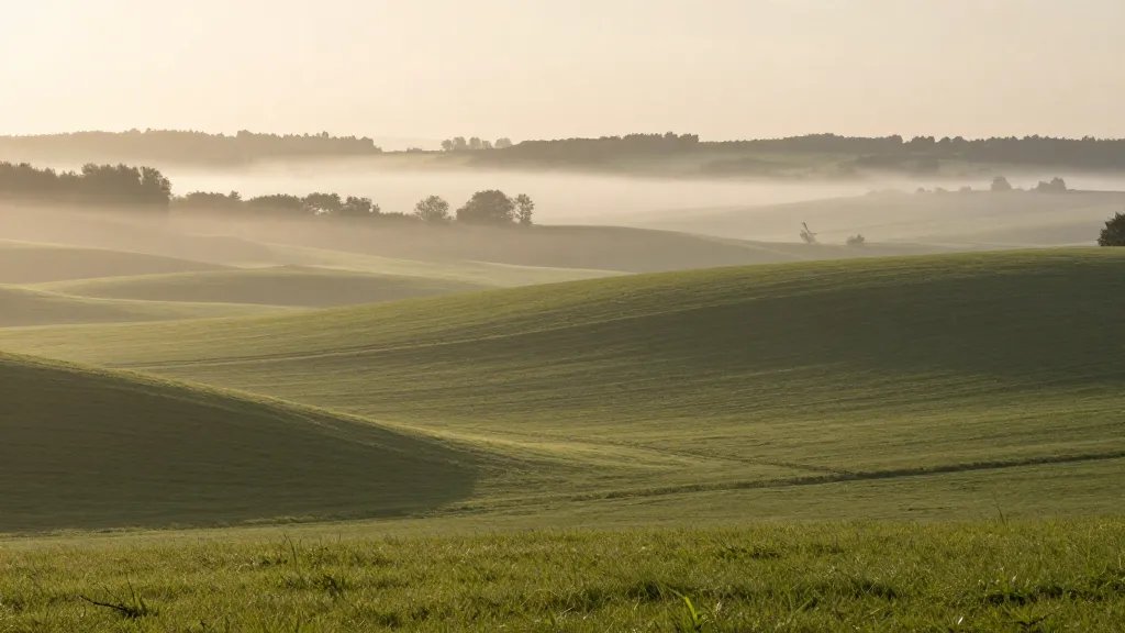 Expansive countryside with rolling fields under morning fog