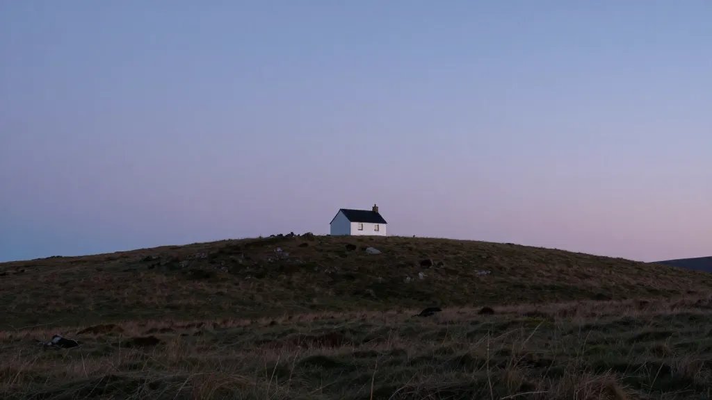 Wide-angle shot of a lone cottage at dusk on a hilltop
