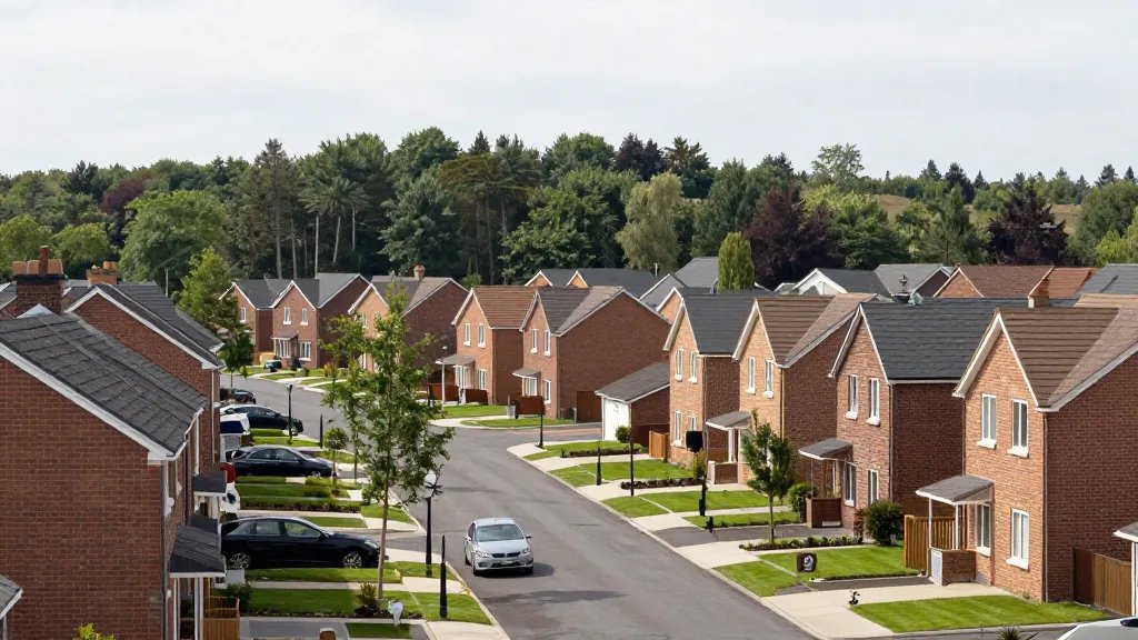 Wide-angle shot of a quiet suburban First Homes neighborhood against a distant woodland backdrop