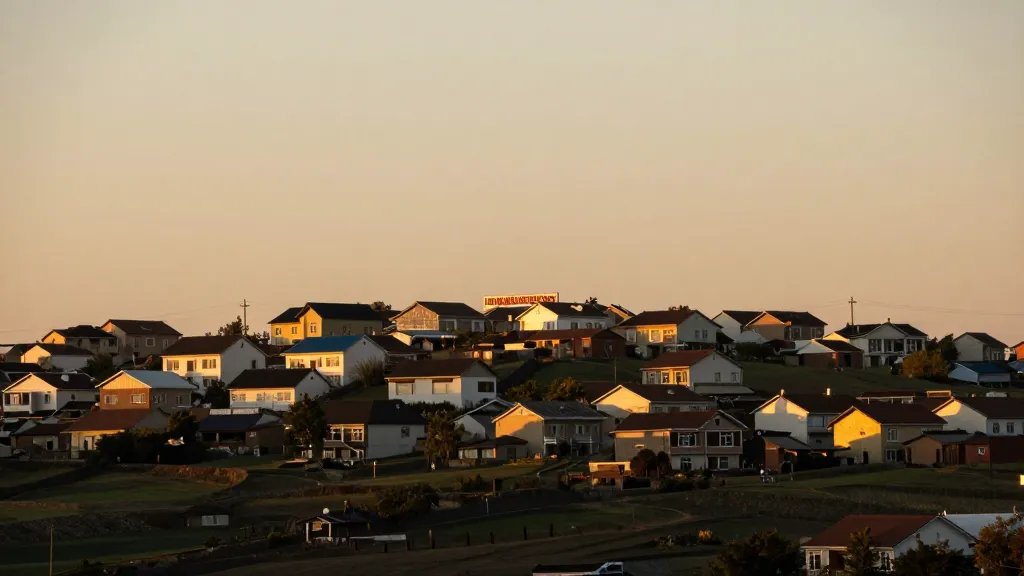 Distant hillside village under golden hour light, shared ownership signage subtly visible atop a row of homes