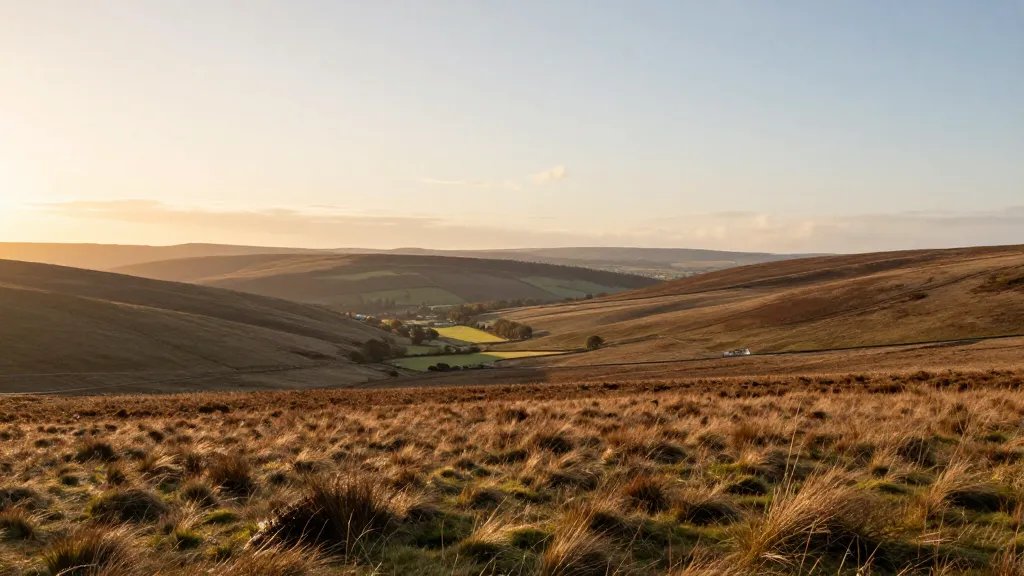 Wide moorland valley bathed in golden hour glow, distant horizon