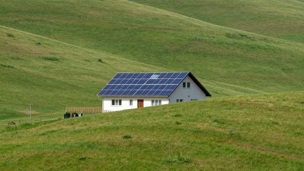 distant view of solar-paneled house on rolling green hill