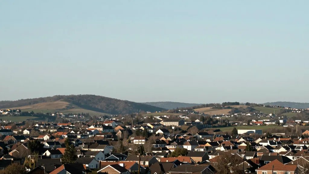 Wide-angle horizon over a quiet housing neighbourhood, banked by distant hills, serene finance-themed mood