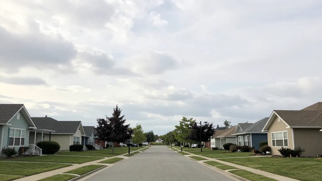 Distant view of a winding suburban street beneath a cloudy sky, calm and hopeful, mid-mallad horizon