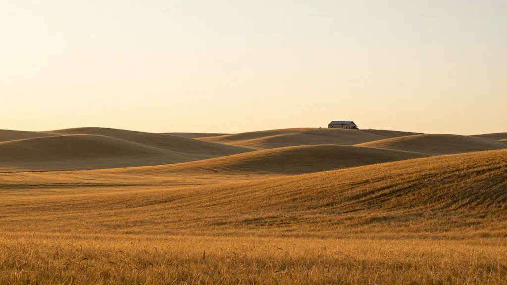 Wide prairie landscape with gentle rolling hills, golden hour glow, lone farmhouse in distance