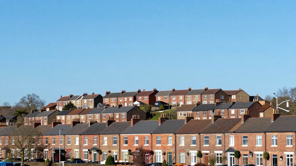 Distant hillside town with brick row houses under blue sky