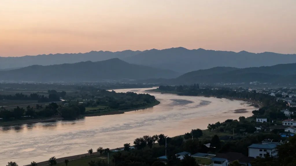 Wide river valley and distant mountain range at dawn