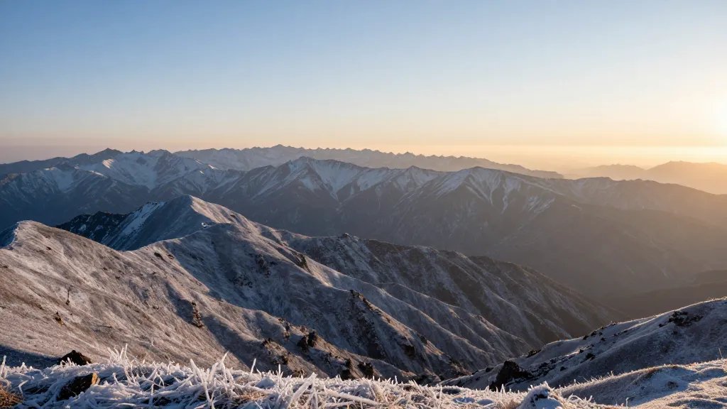 Distant view of a frost-covered mountain range under sunrise