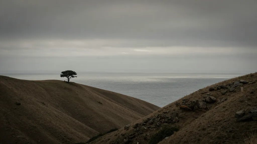 Expansive ocean cliff valley, solitary tree on ridge, dramatic atmospheric haze