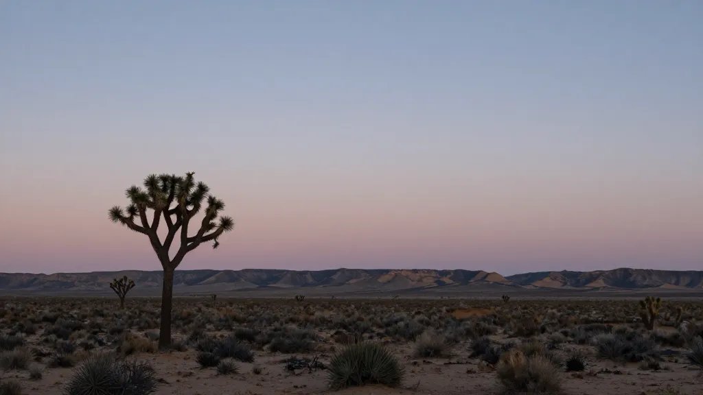 Wide desert mesa horizon, single Joshua tree silhouette at dusk, soft colors