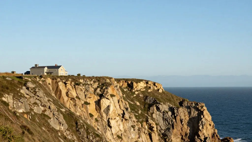 Wide-angle coastline cliff overlooking a solitary residential building