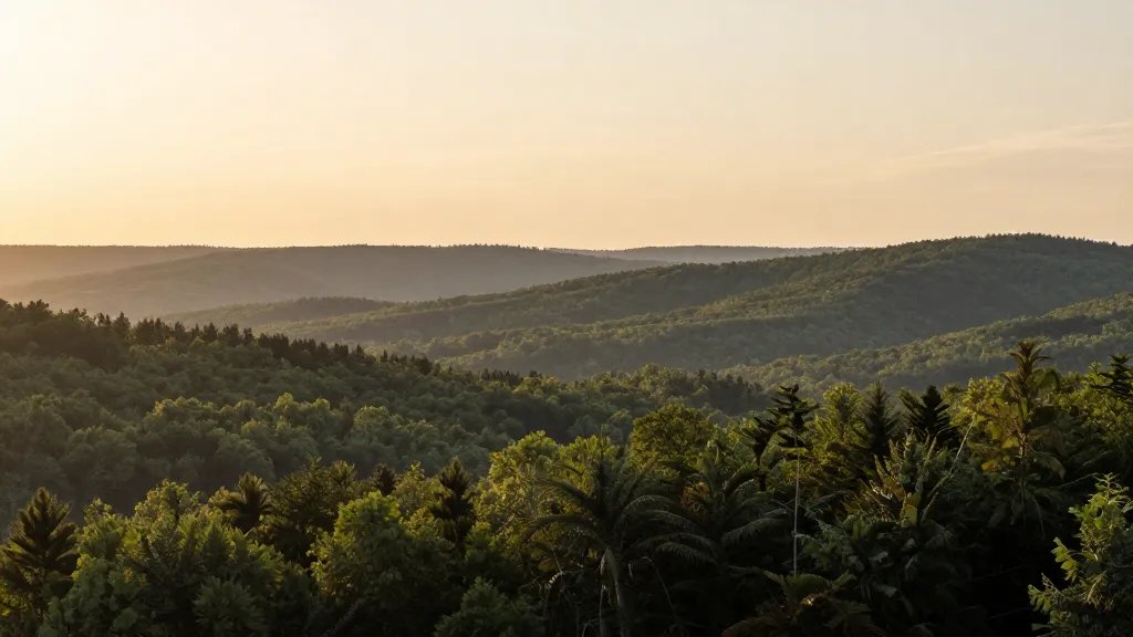 Wide horizon forest valley under golden hour light