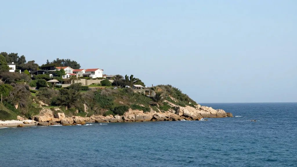 Distant coastal hillside overlooking a rental property coastline