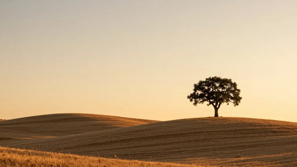 Wide-shot rolling hills under sunset glow, single tree symbolizing savings offset