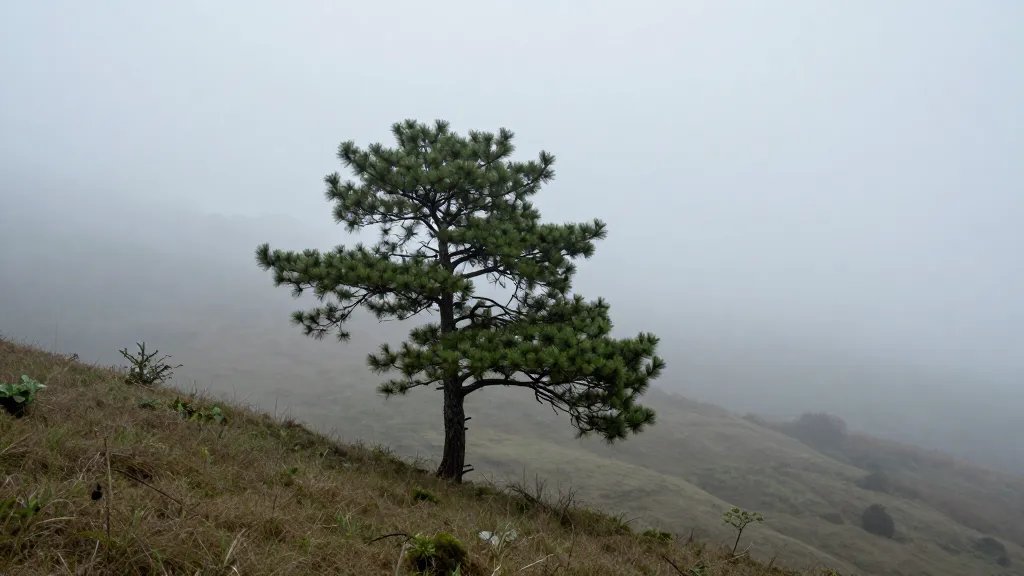 Long-range shot of a solitary pine on a misty hillside