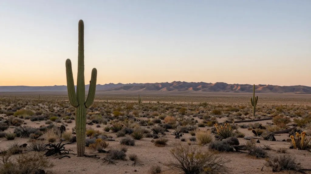 Expansive desert valley with one lone saguaro cactus at dawn