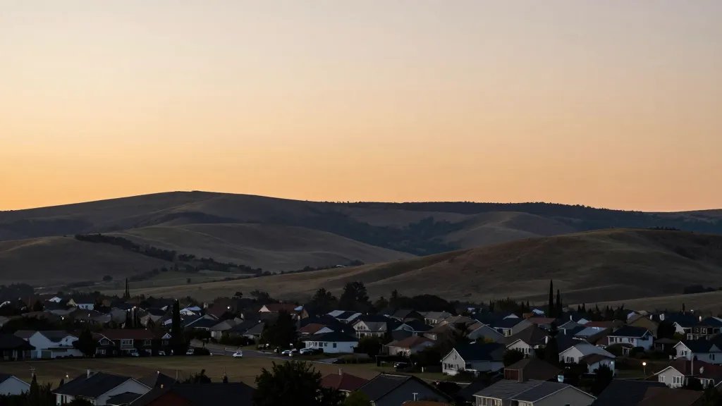 Distant view of a quiet suburban property at sunset over rolling hills