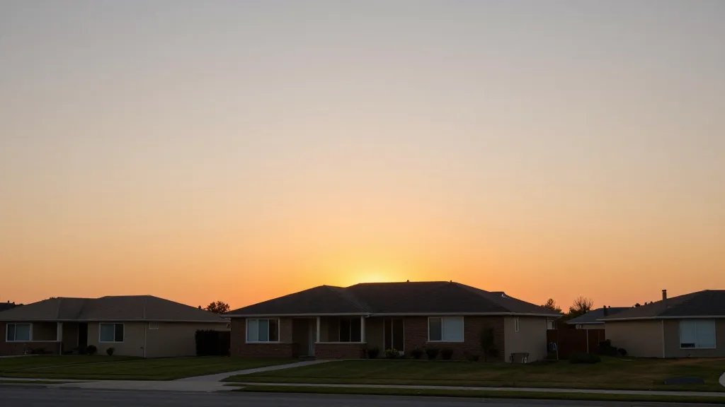 Distant view of a solitary suburban rental property under sunset skies