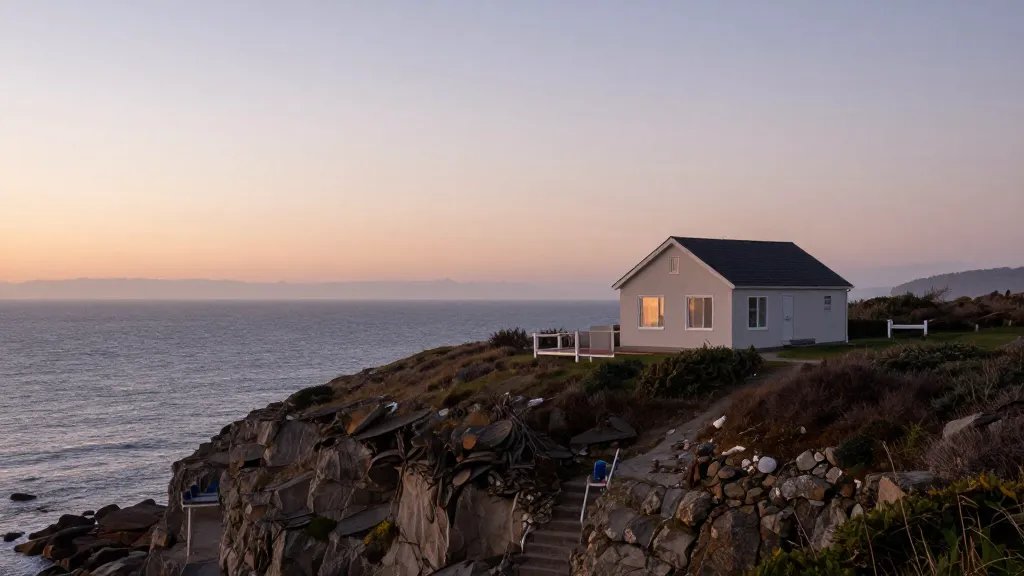 Wide-angle shot of a single rental home perched on a coastal cliff at dawn