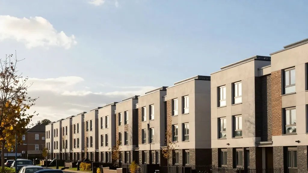 Distant view of a modern UK townhouse row under autumn sky, clean lines, energy-efficient features hinting at regulation shift