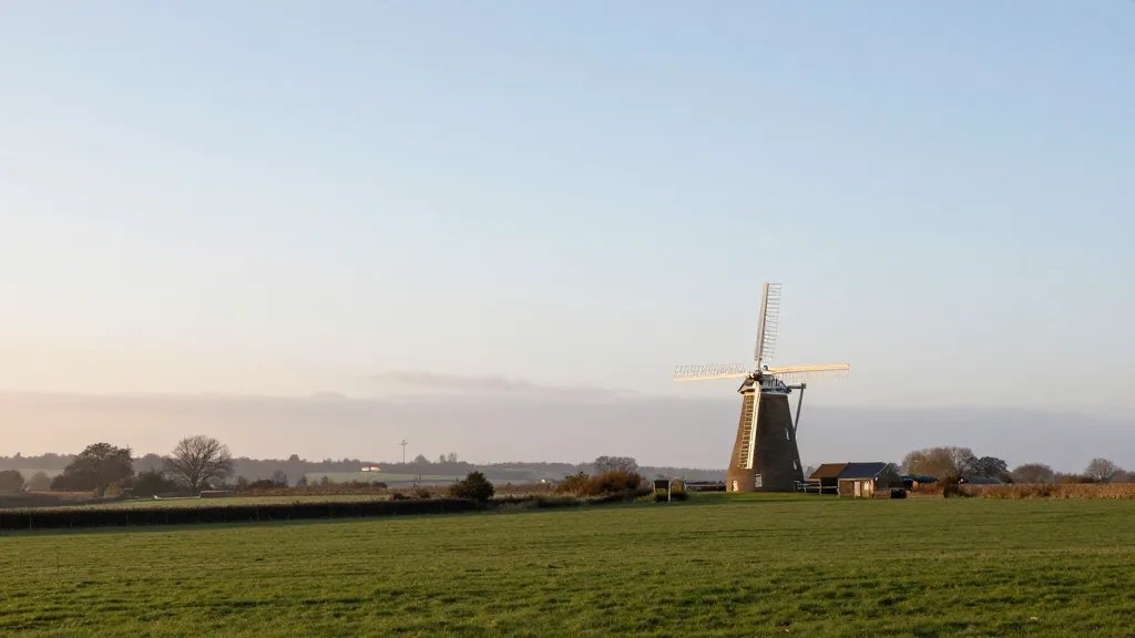 Expansive countryside with a single, tall UK rural windmill, soft morning light and distant skyline suggesting changing regulation climate