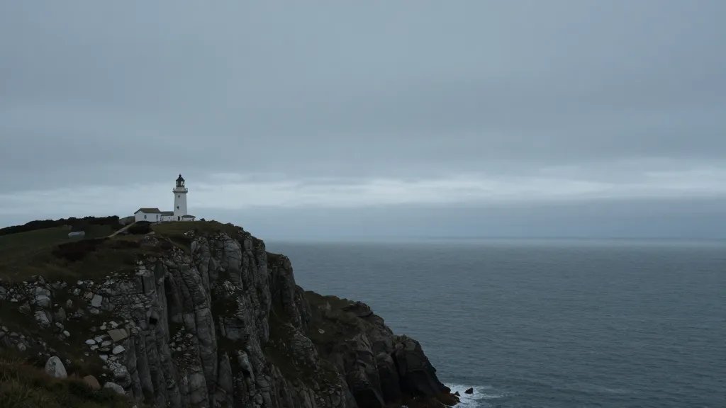 Quiet coastal cliff landscape in the UK, lone lighthouse silhouette, expansive horizon and calm sea answering risk/return theme