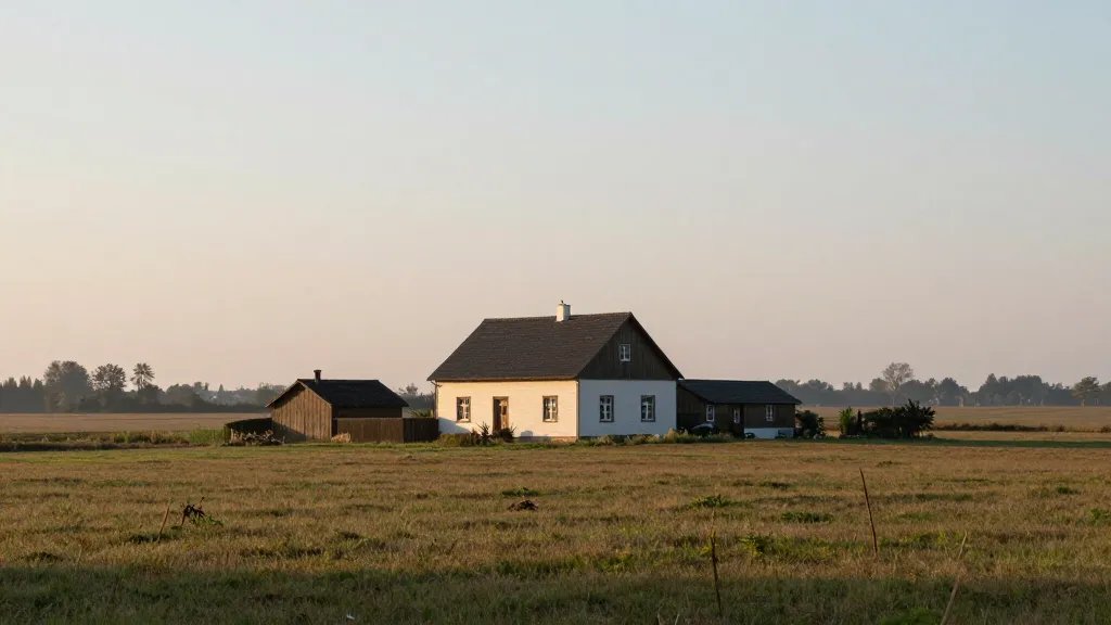 Distant view of a well-insulated countryside house in soft morning light