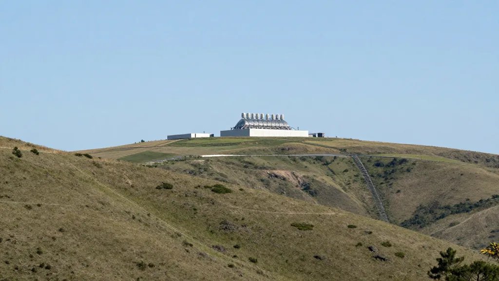 Expansive hillside with a modern heating system rooftop visible in distance
