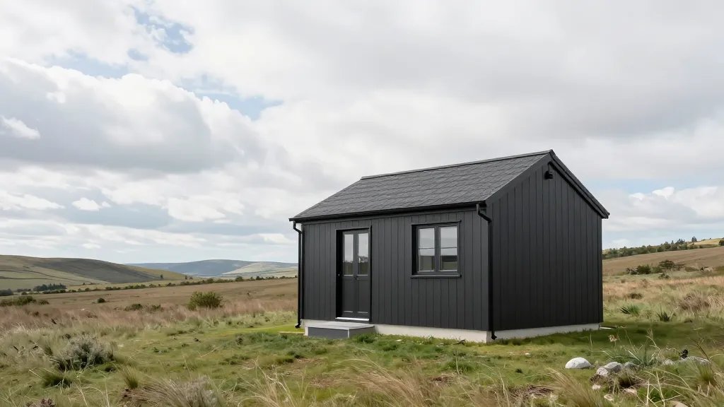Wide valley showcasing a well-sealed, energy-efficient cottage under cloudy sky