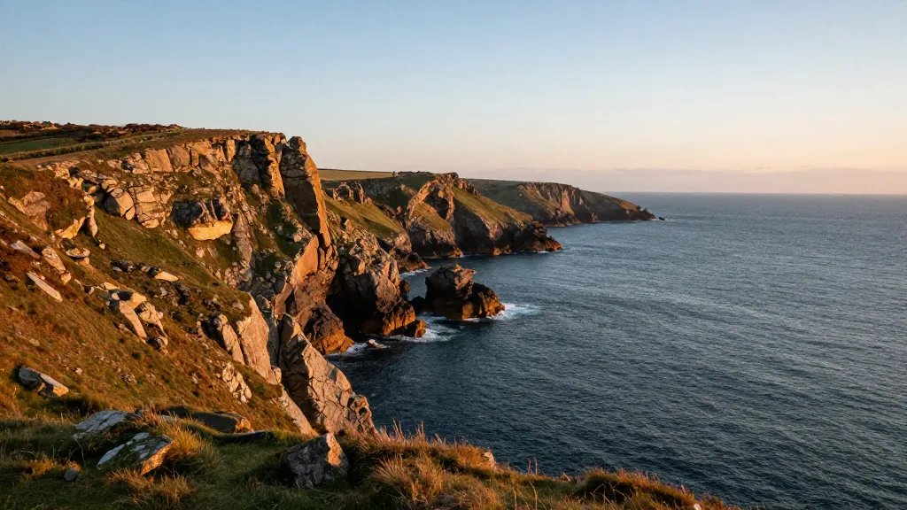 Distant coastal cliff landscape at golden hour in Cornwall