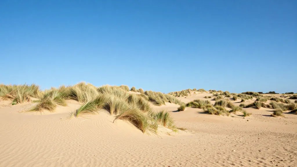 Expansive dune field under blue sky, Cornwall coast