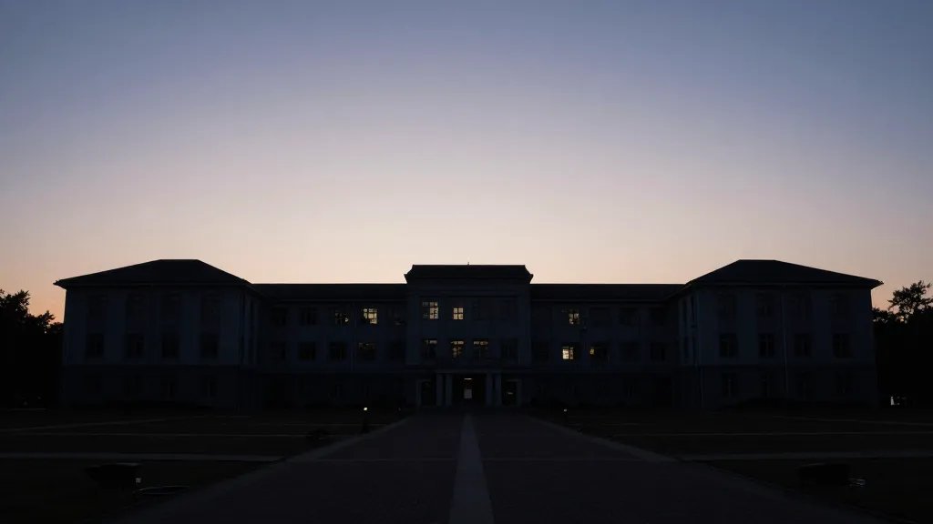 Vast university campus twilight with a lone dorm building silhouette