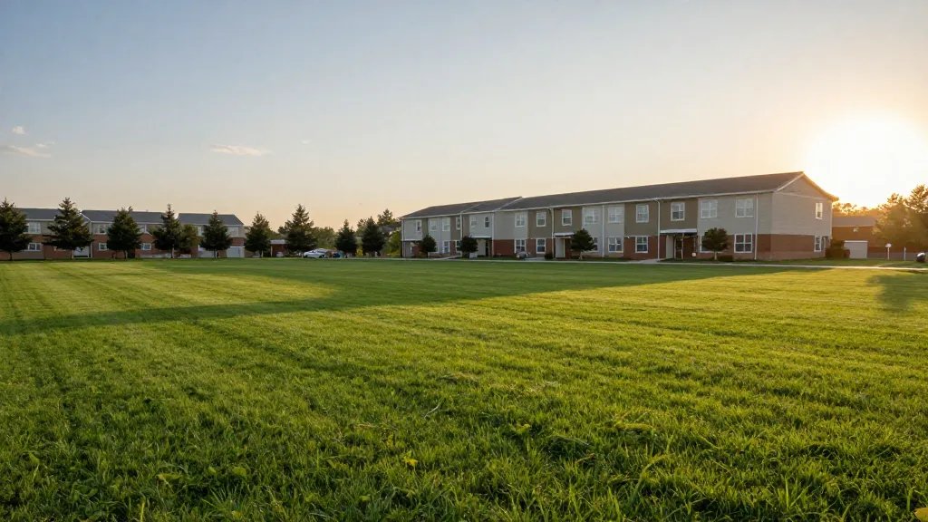 Expansive quad lawn leading to a distant student housing block under sunset