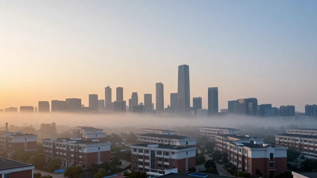 Wide-shot skyline view over campus housing row at dawn mist