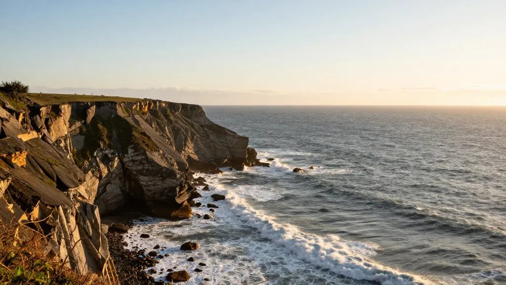 Expansive coastal cliff overlooking turbulent sea at golden hour