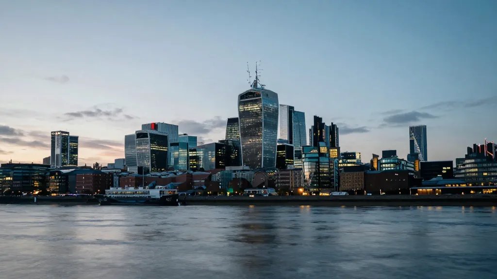Manchester city skyline at dusk over River Irwell, distant horizon