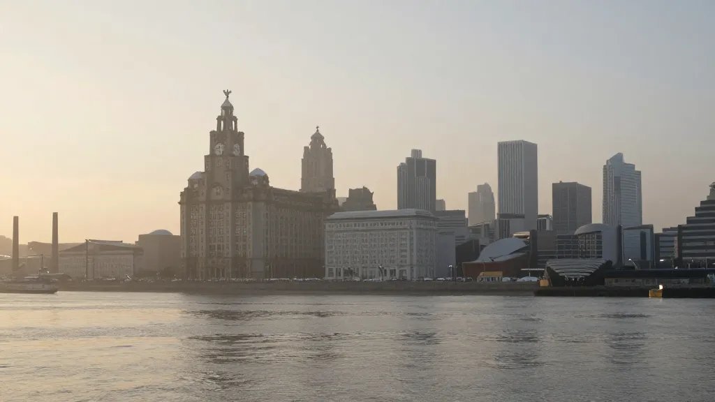 Liverpool waterfront harbor and skyline, misty morning light, distant view