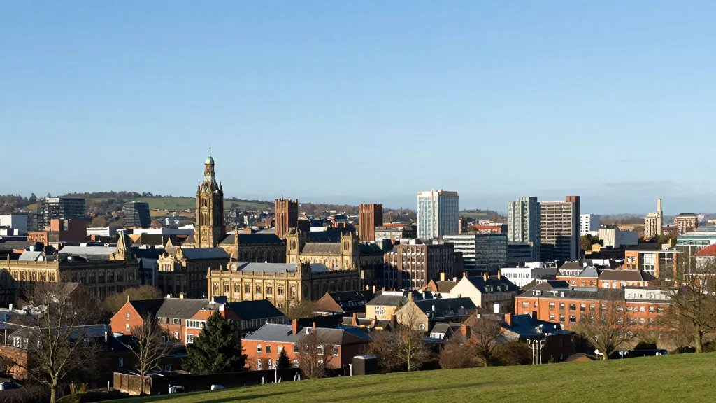 Leeds university cityscape from elevated hill, broad panorama, clear sky