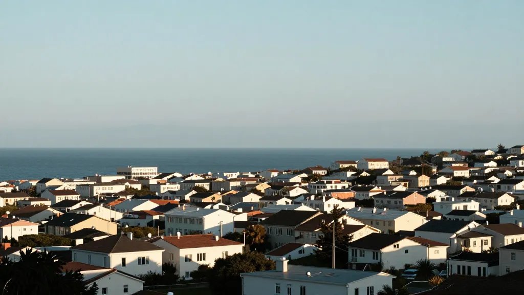 Distant landscape of a sunlit coastal town with rental buildings