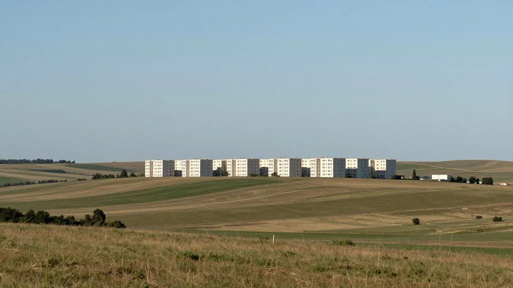 Distant landscape of rolling countryside near a mid-century apartment complex