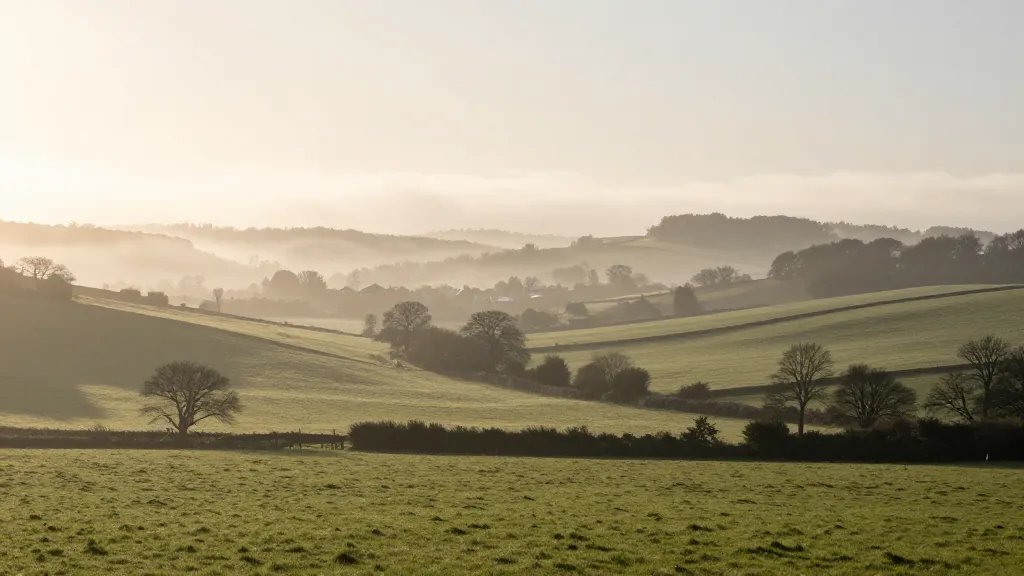 Wide valley in England’s countryside, gentle morning fog and distant town silhouette