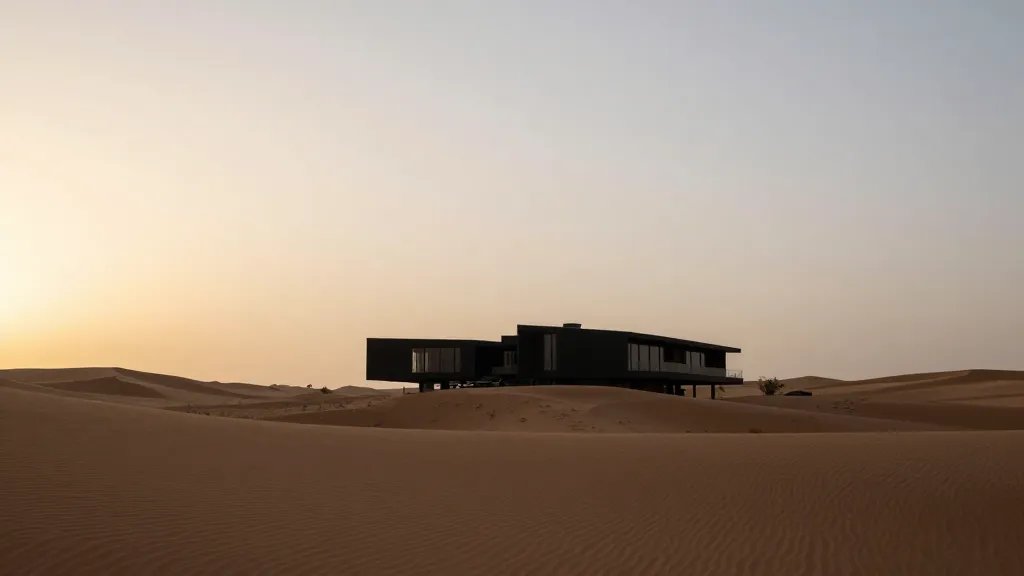 Expansive desert plateau framing a modern house silhouette