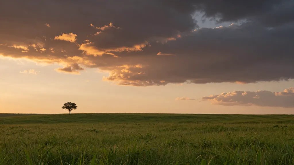 Expansive prairie horizon with lone tree at sunset, dramatic sky