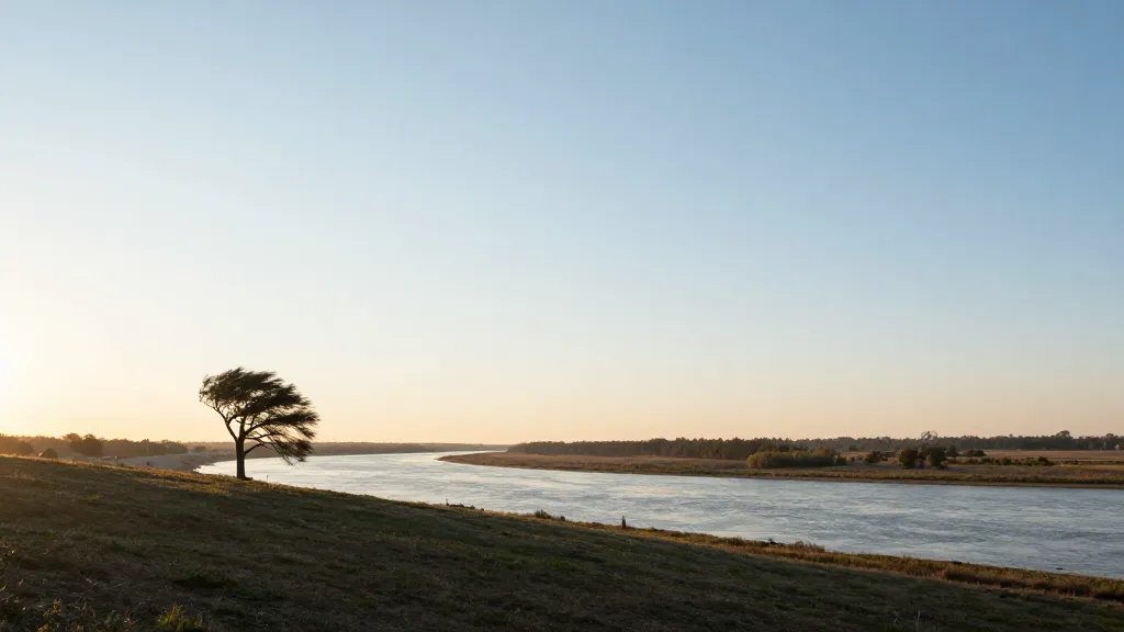 Expansive river valley at golden hour, single wind-swept tree on ridge